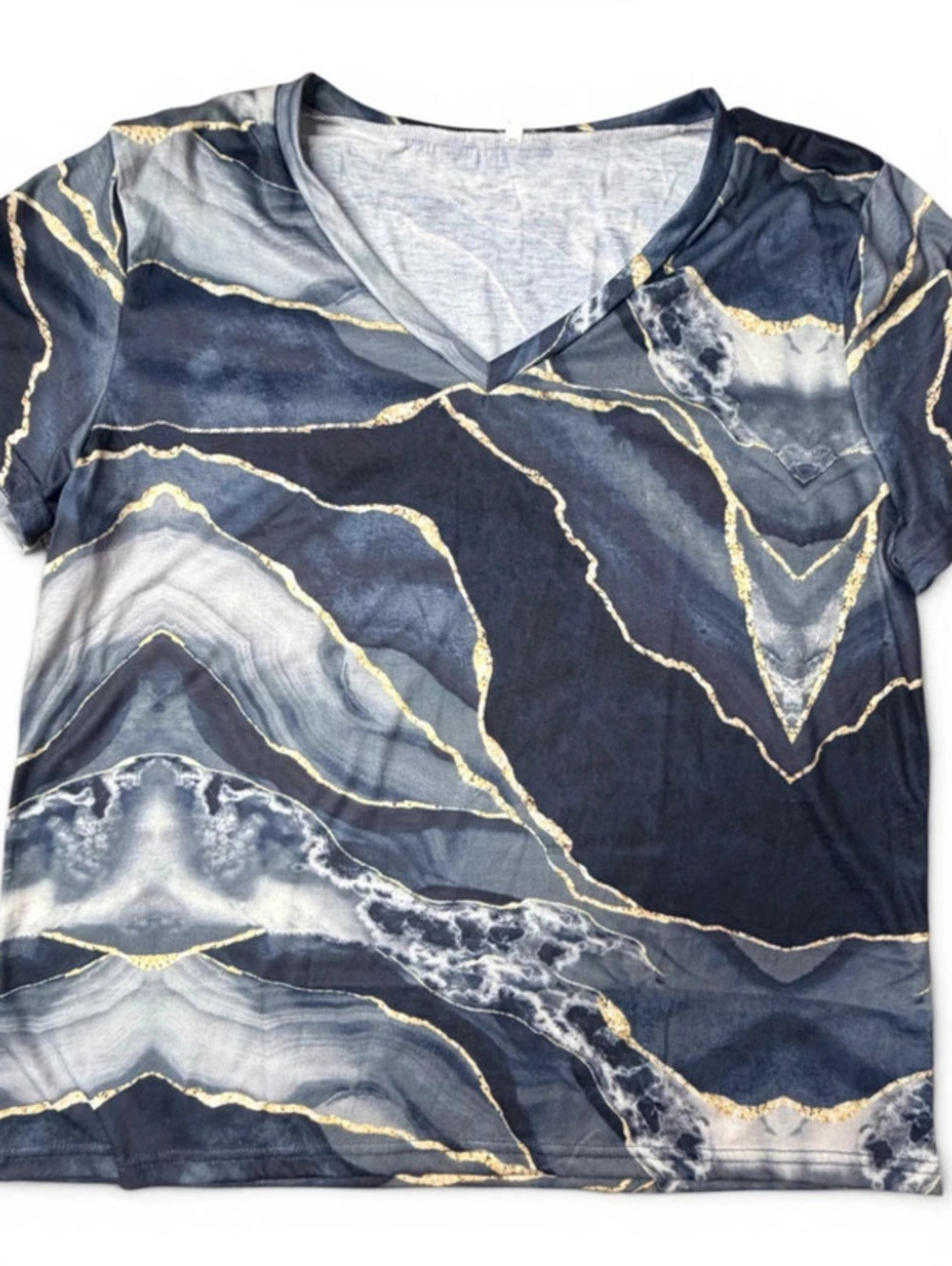 Women’s 2XL Navy Blue Marble Print Top Gold Metallic Vein Short Sleeve sku2104